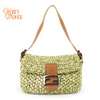 Fendi Vintage Baguette 16059 Woven Raffia Green & Natural Silver Hardware Rank A