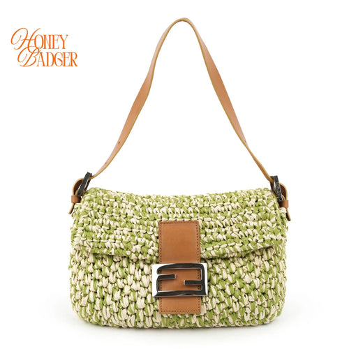 Fendi Vintage Baguette 16059 Woven Raffia Green & Natural Silver Hardware Rank A