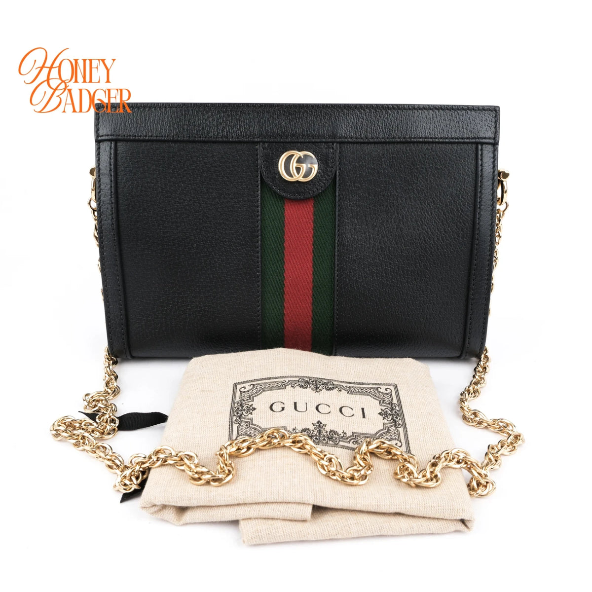 Gucci Ophidia Black Leather Web Chain Shoulder Bag Rank A