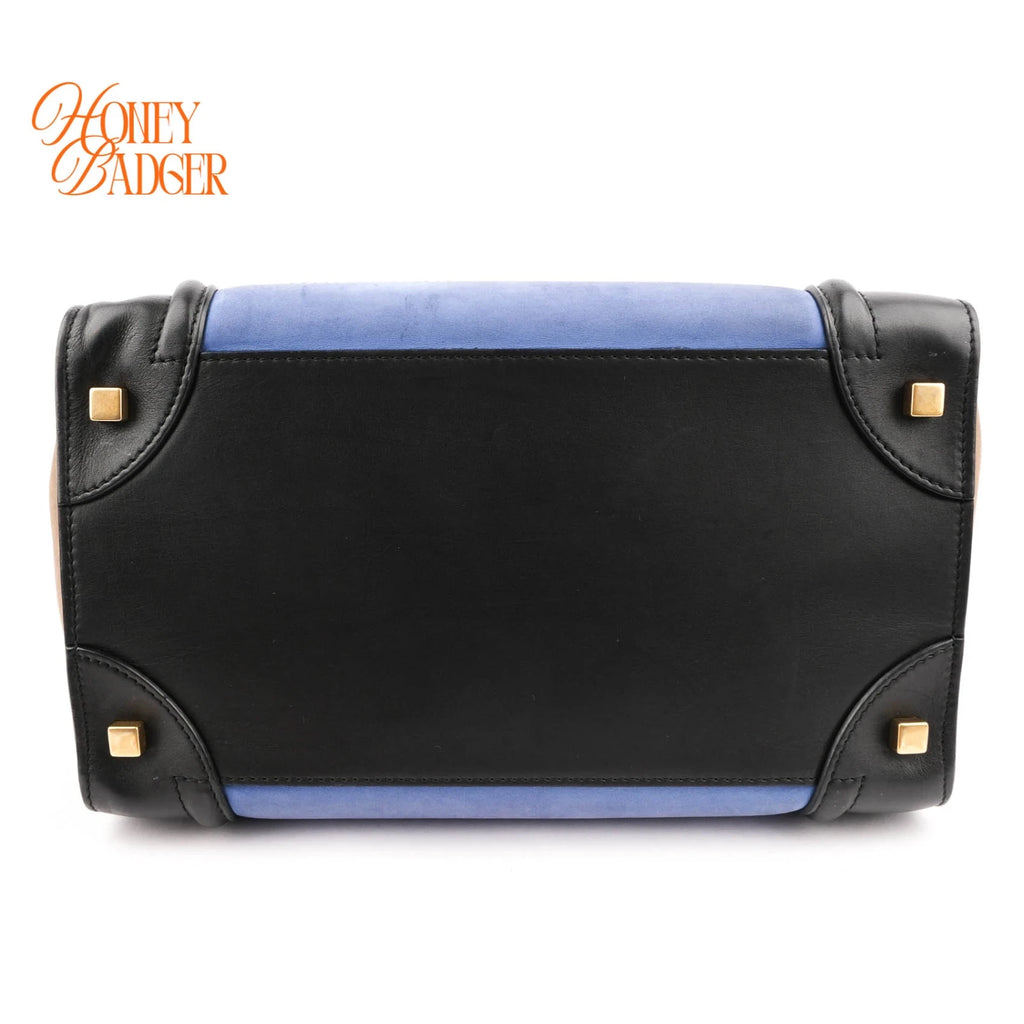 Celine Mini Luggage Tri-Color Nubuck & Calfskin Royal Blue Grey Black Gold Hardware Rank AB