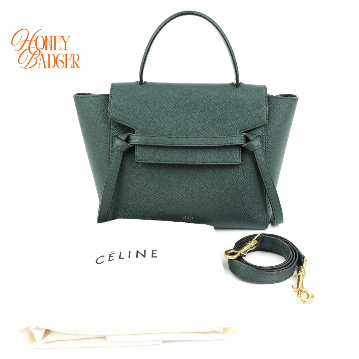Celine Belt Bag Mini Grained Calfskin Amazone Dark Green Gold Hardware Rank AB