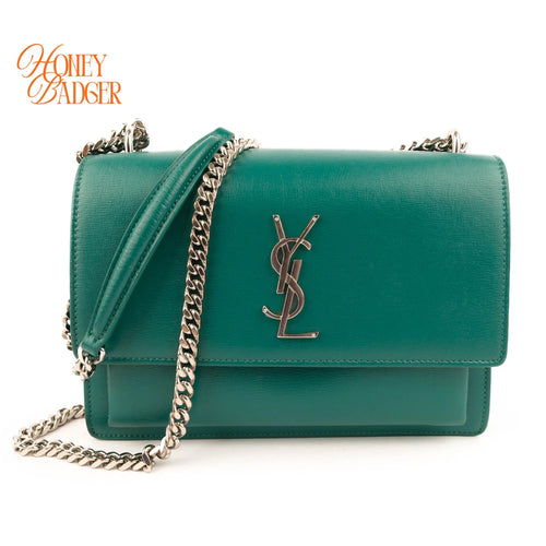 Saint Laurent Sunset Medium Smooth Calfskin Teal Silver Hardware Rank A