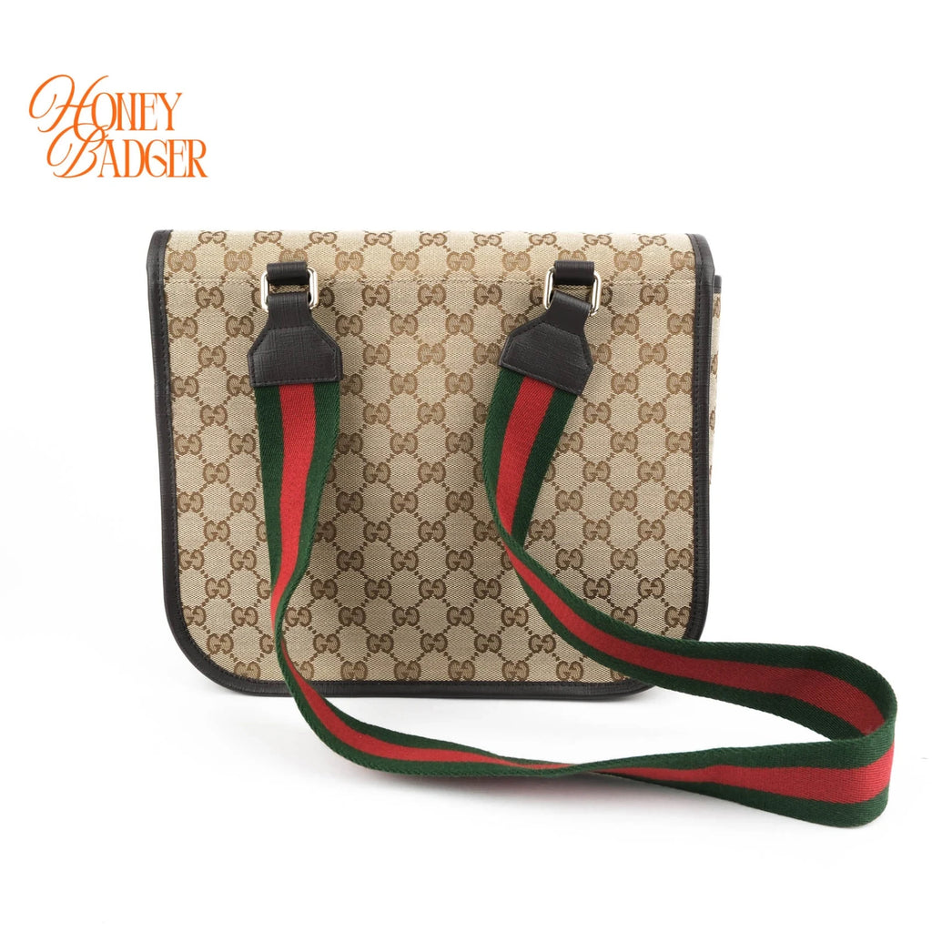 Gucci Original GG Canvas Web Single Buckle Flap Messenger Beige Rank A