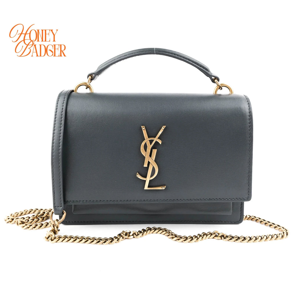 Saint Laurent Top Handle Sunset Chain Wallet Smooth Leather Storm Gold Hardware Rank AB