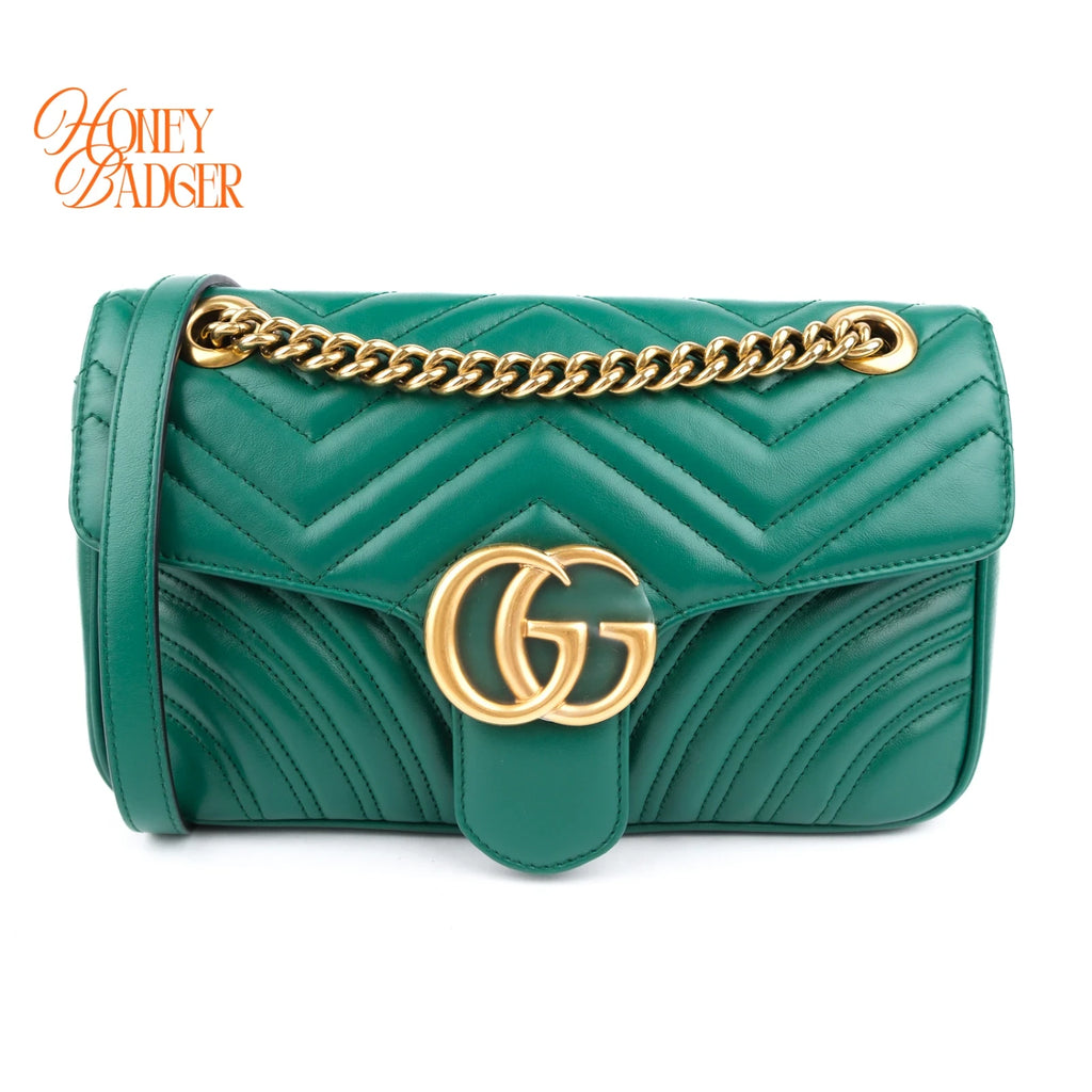 Gucci GG Marmont Small Matelassé Leather Green Antique Gold Hardware Rank A