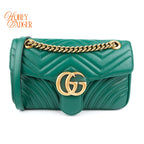Gucci GG Marmont Small Matelassé Leather Green Antique Gold Hardware Rank A