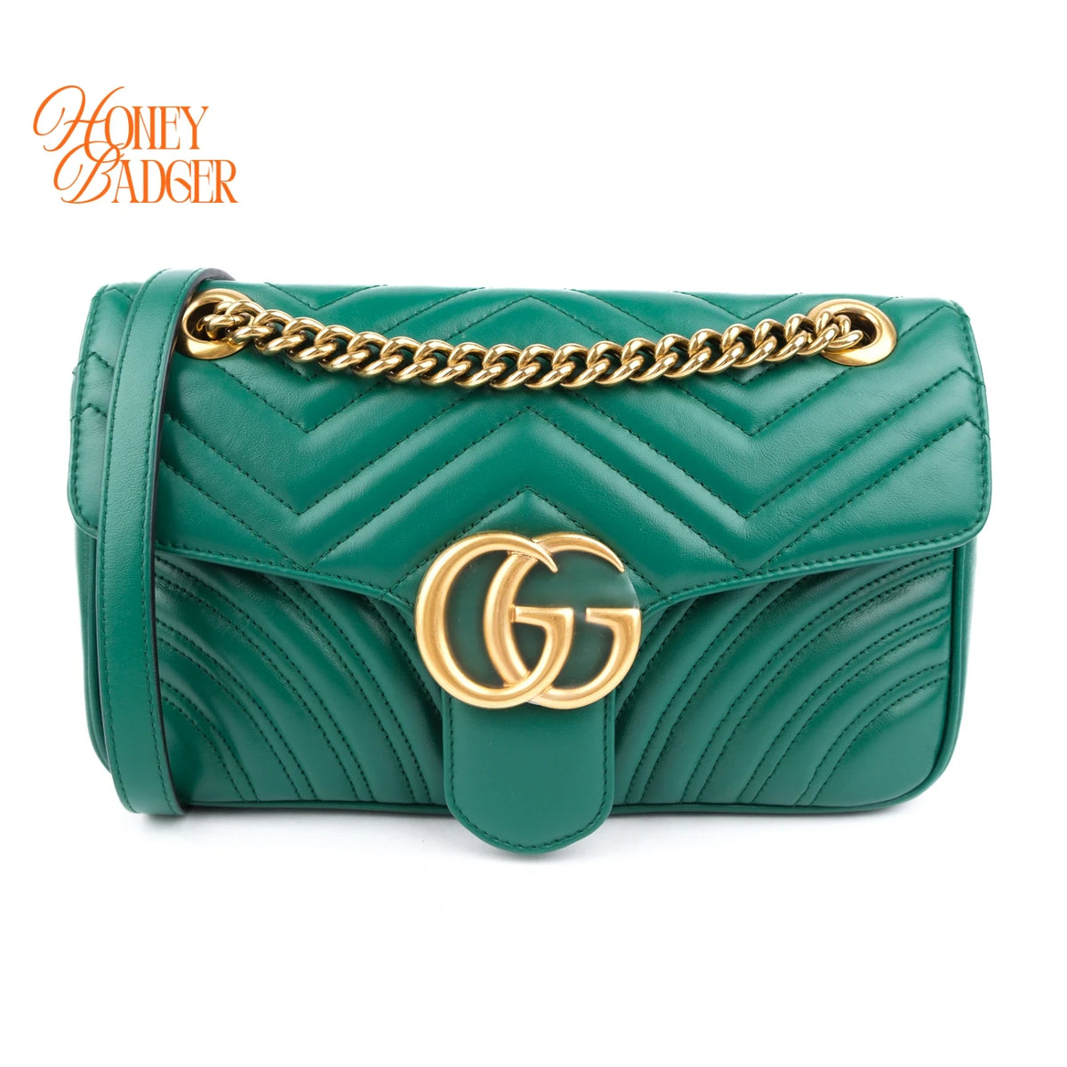 Gucci GG Marmont Small Matelassé Leather Green Antique Gold Hardware Rank A