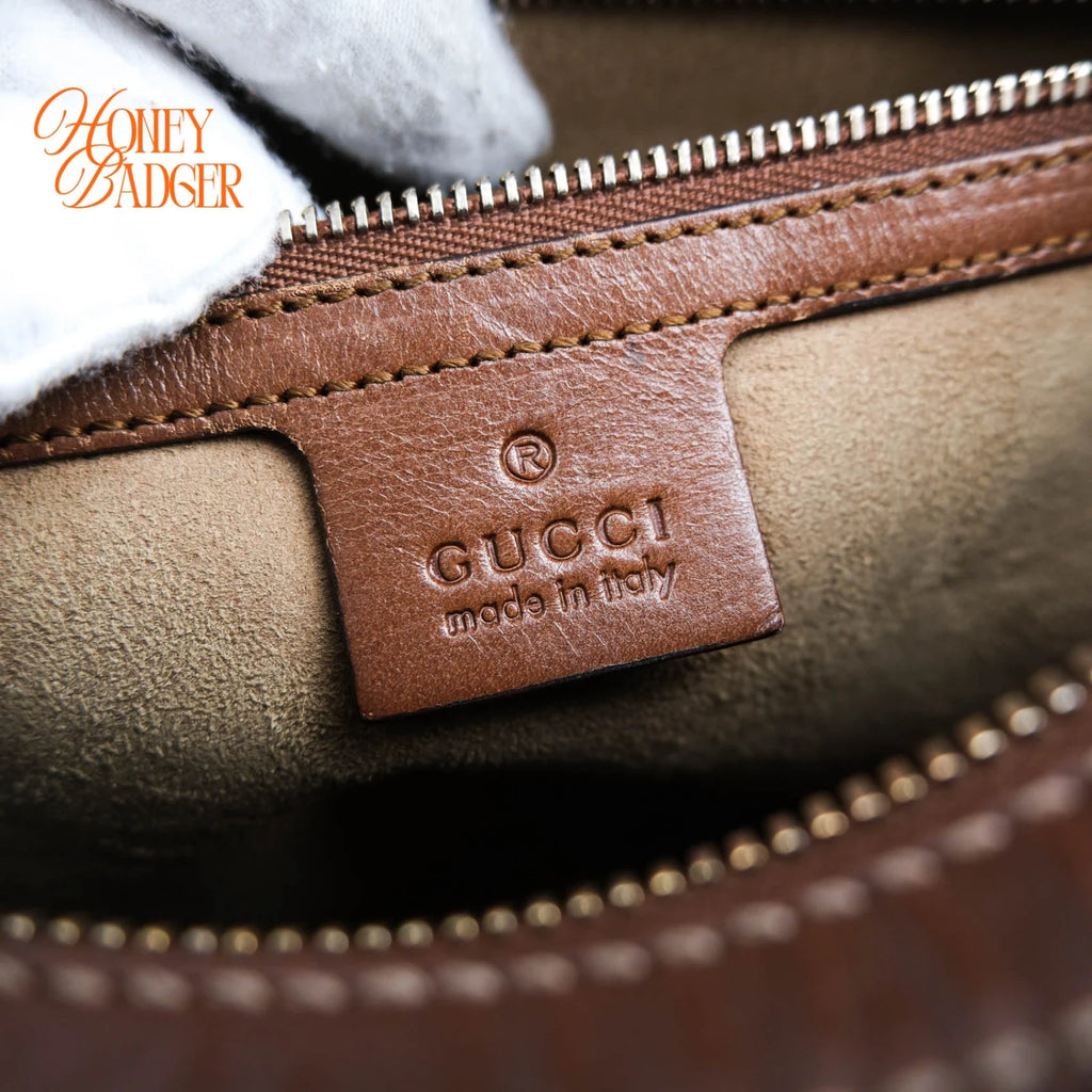 Gucci Small GG Supreme Boston Bag Beige/Ebony Brown Leather Gold Hardware Rank AB