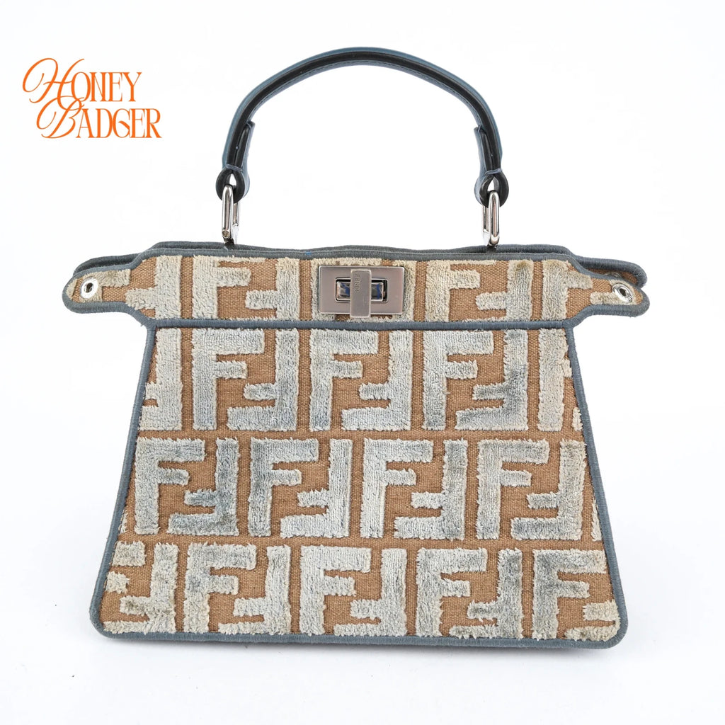 Fendi Peekaboo ISeeU FF Velvet Canvas Blue Beige 2Way Bag Rank AB