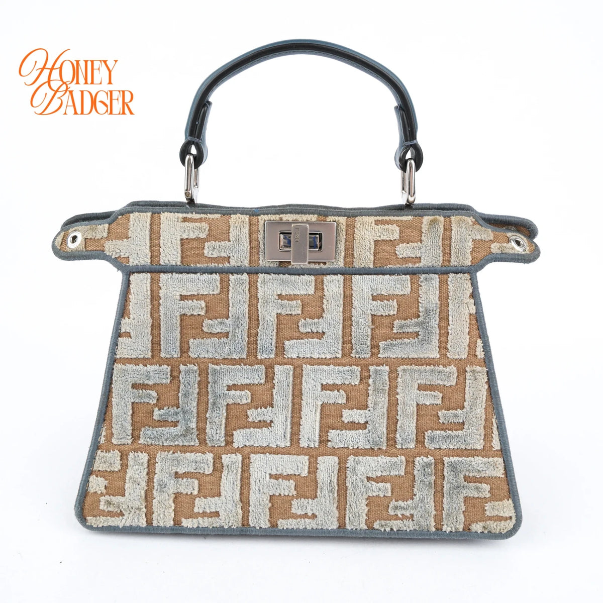 Fendi Peekaboo ISeeU FF Velvet Canvas Blue Beige 2Way Bag Rank AB