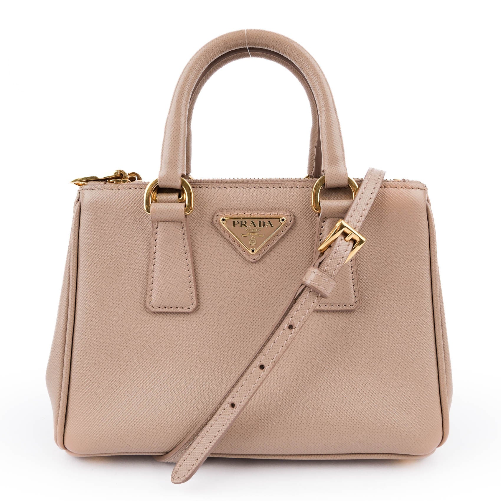 Prada Galleria Saffiano Mini 2-Way Handbag 1BA906 Beige Gold Hardware