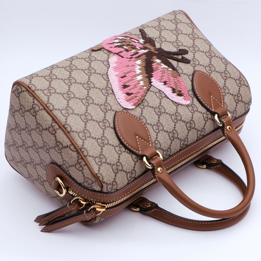 Gucci GG Supreme Linea A Boston Bag With Butterfly Embroidery