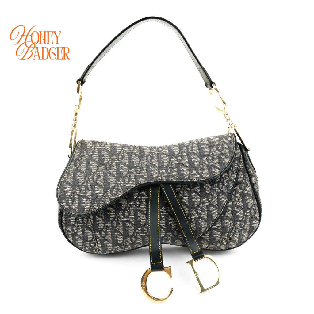 Dior Vintage Double Saddle Bag Oblique Canvas Navy Gold Hardware Rank A