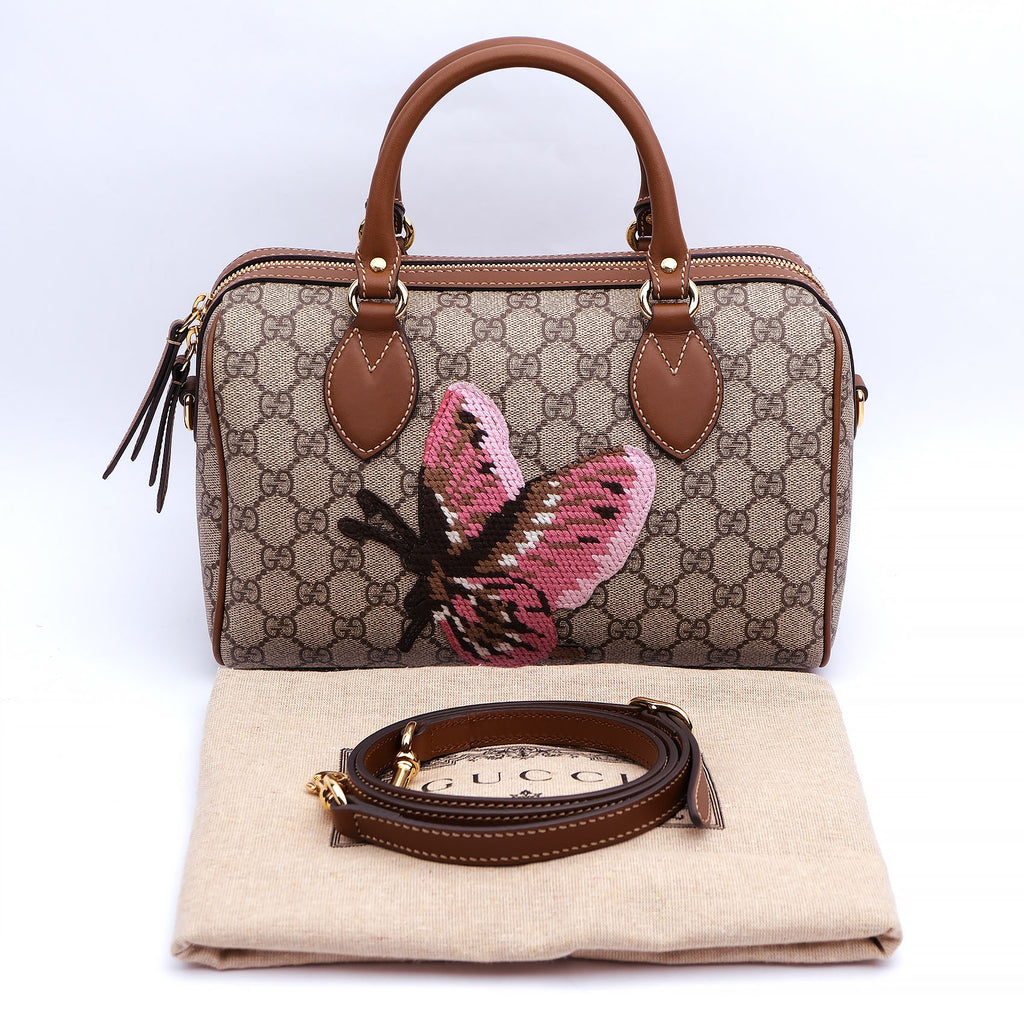 Gucci GG Supreme Linea A Boston Bag With Butterfly Embroidery
