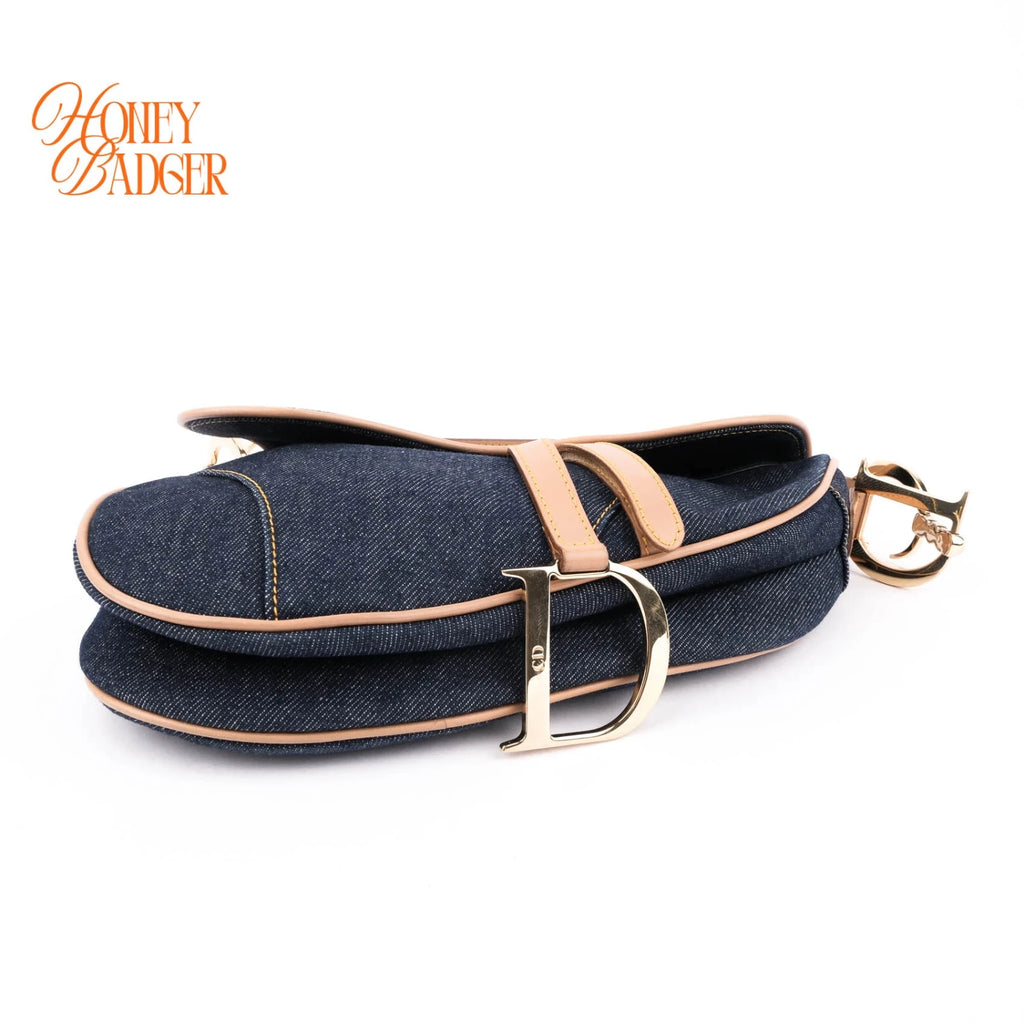 Dior Saddle Denim Dark Blue Camel Leather Gold Hardware Rank A
