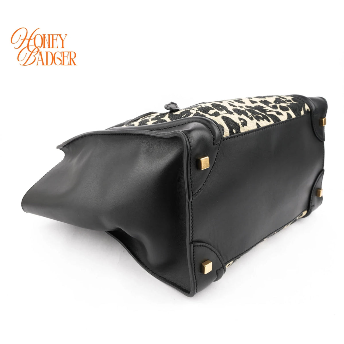 Celine Luggage Mini Shopper Leopard Print Canvas Black Calfskin Gold Hardware Rank AB