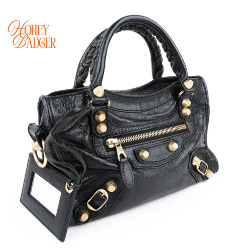 Balenciaga Classic Mini City Black Leather 2WAY Shoulder Bag Gold Hardware 309544