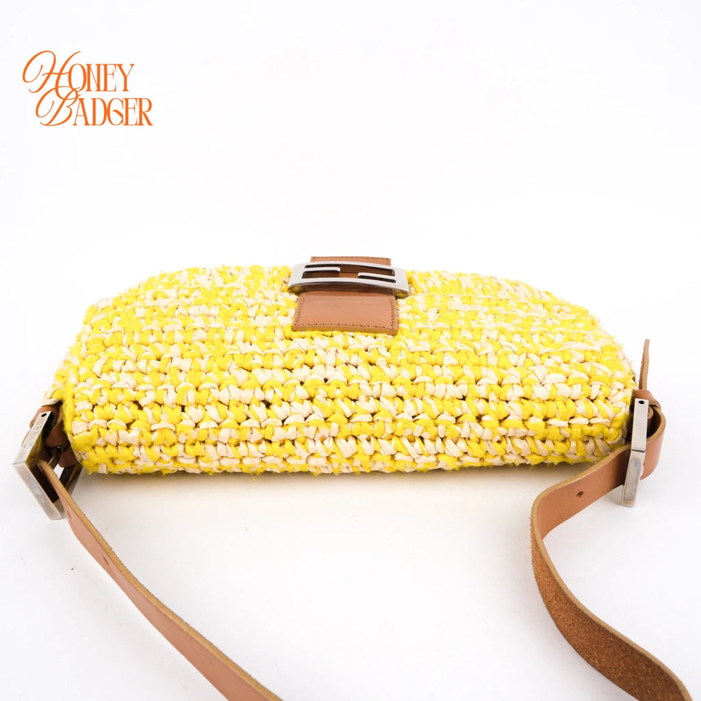 Fendi Mamma Baguette Raffia Crochet Yellow Brown Shoulder Bag Rank AB