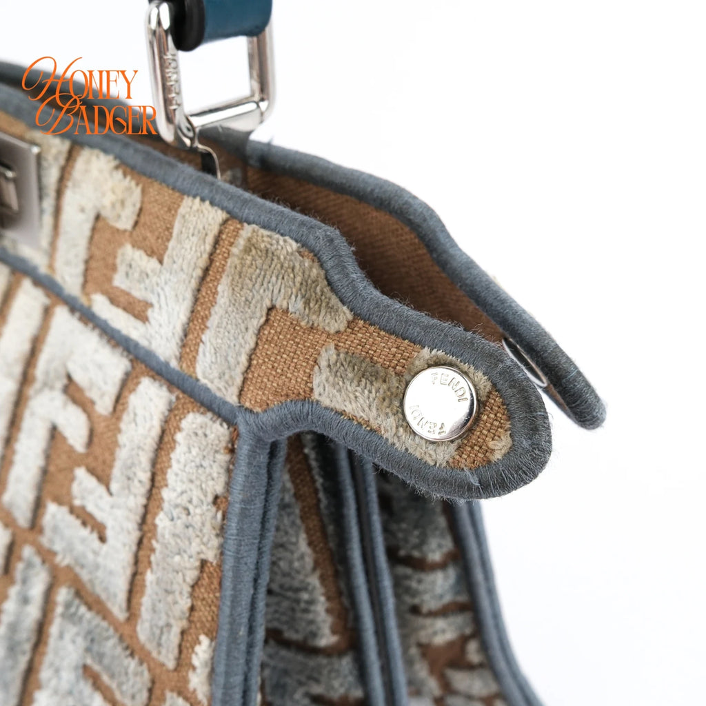 Fendi Peekaboo ISeeU FF Velvet Canvas Blue Beige 2Way Bag Rank AB