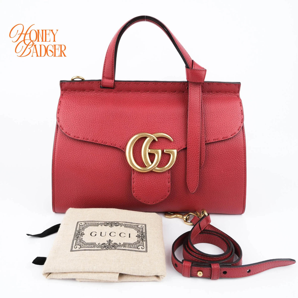 Gucci GG Marmont Small Top Handle Grained Calfskin Red Antique Gold Hardware Rank AB