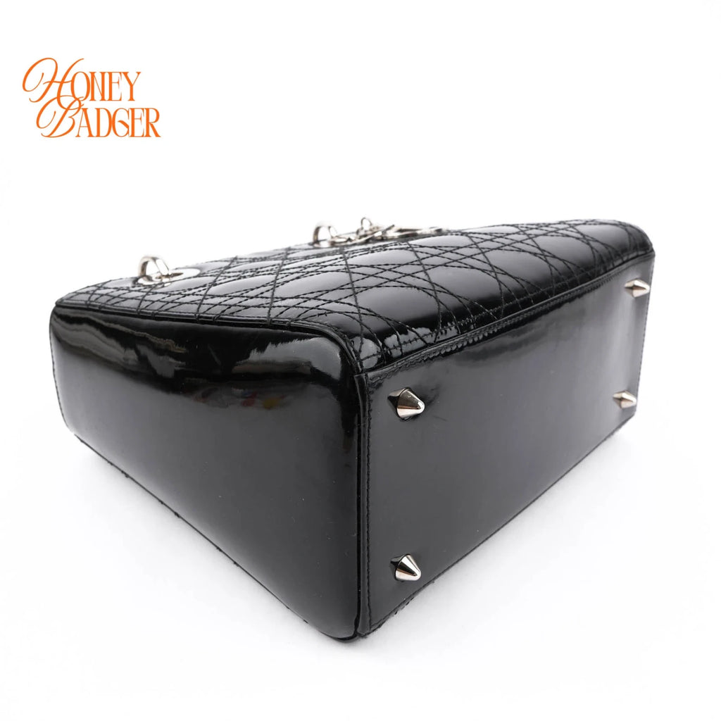 Dior Lady Dior Medium Patent Leather Black Silver Hardware Rank A