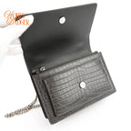Saint Laurent Sunset Mini Chain Wallet Crocodile-Embossed Calfskin Grey Silver Hardware Rank A