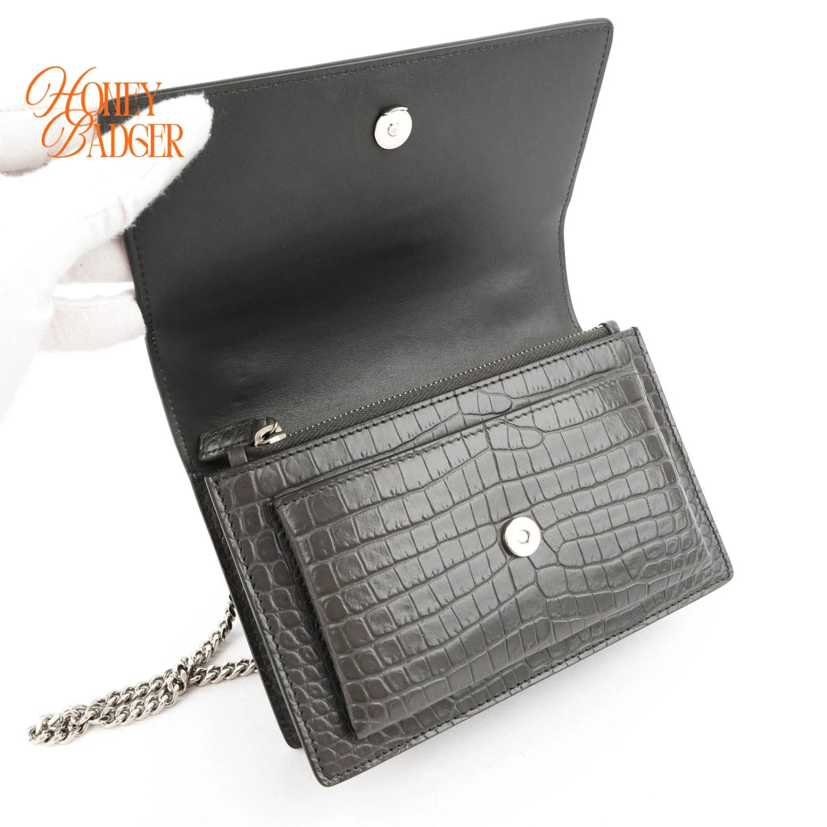 Saint Laurent Sunset Mini Chain Wallet Crocodile-Embossed Calfskin Grey Silver Hardware Rank A
