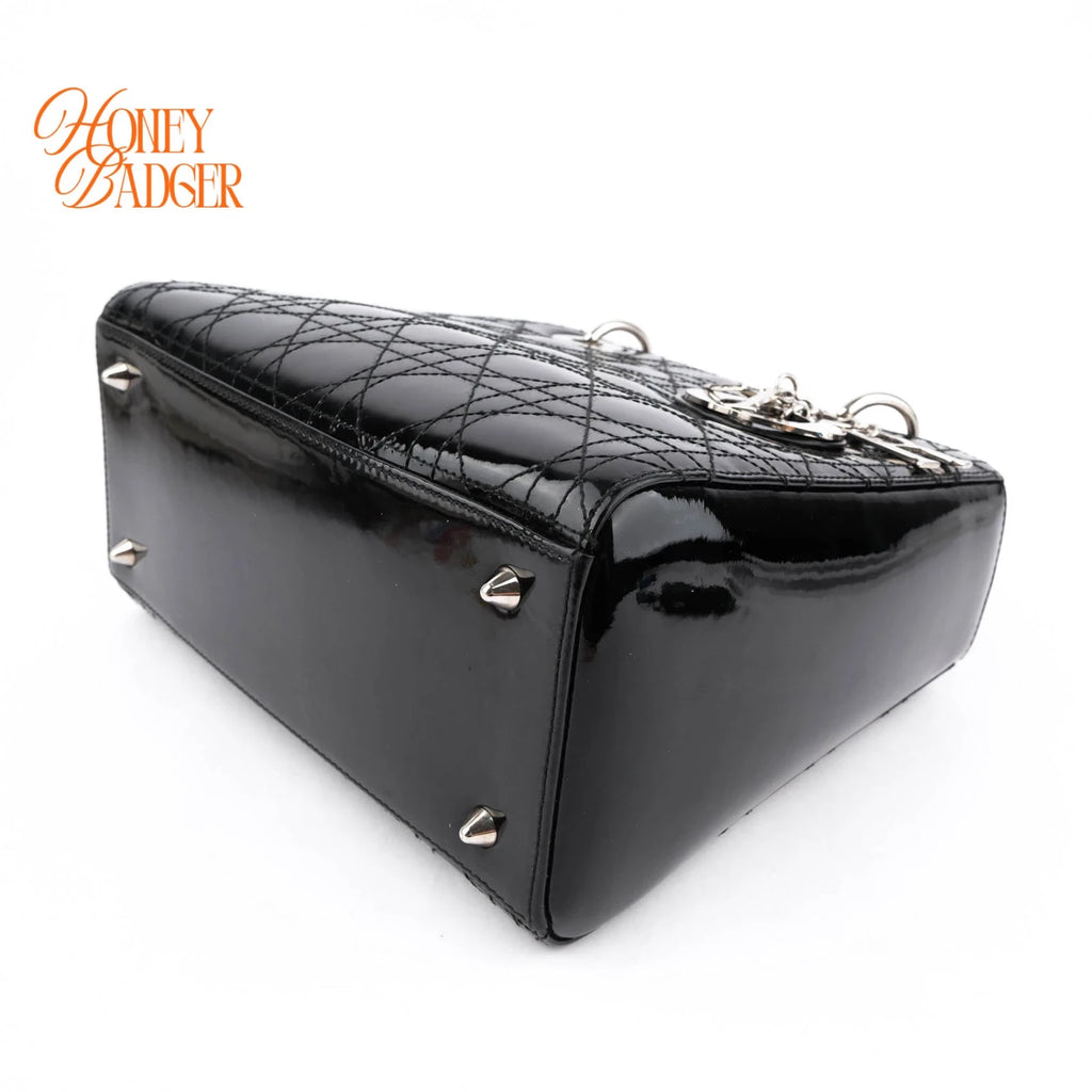 Dior Lady Dior Medium Patent Leather Black Silver Hardware Rank A