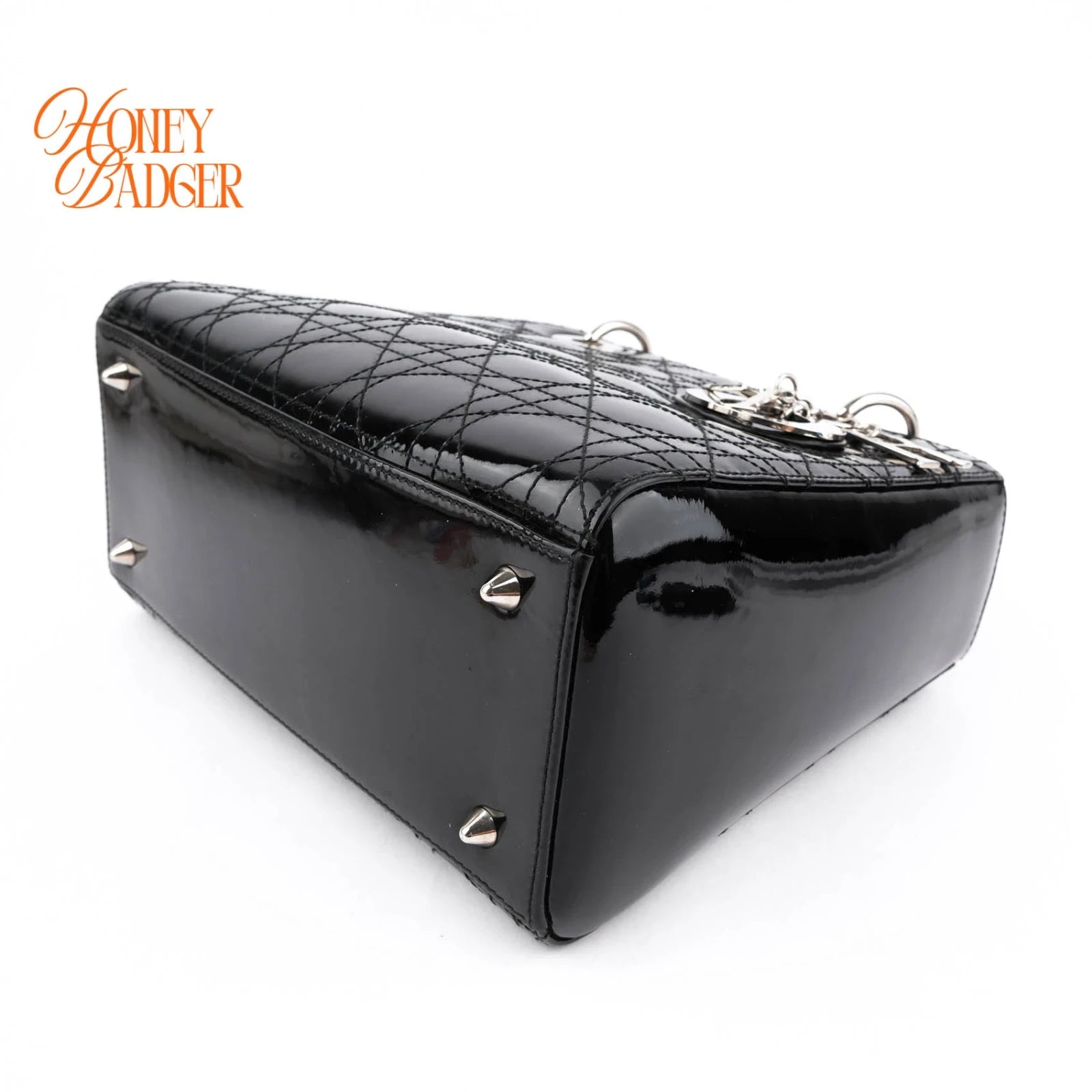 Dior Lady Dior Medium Patent Leather Black Silver Hardware Rank A