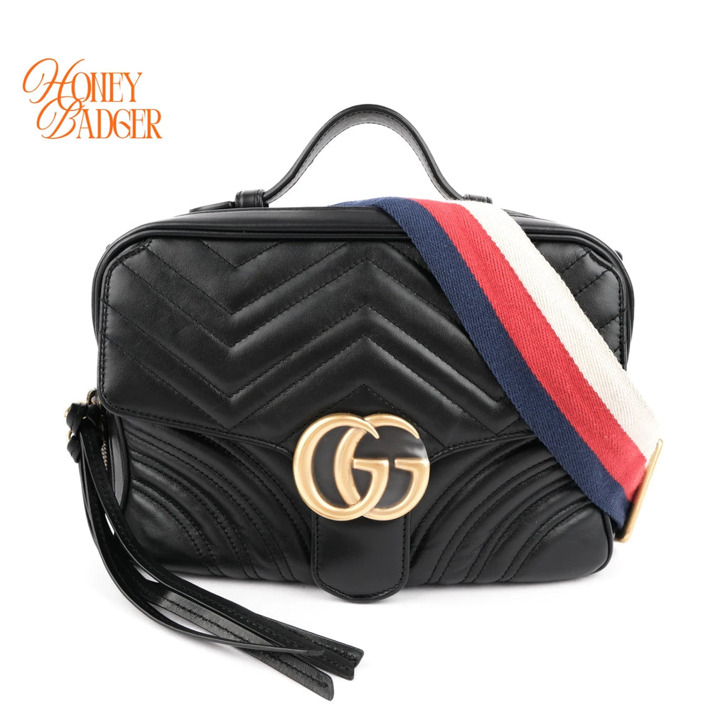 Gucci GG Marmont Top Handle Quilted Leather Black Web Strap 2-Way Bag Rank A