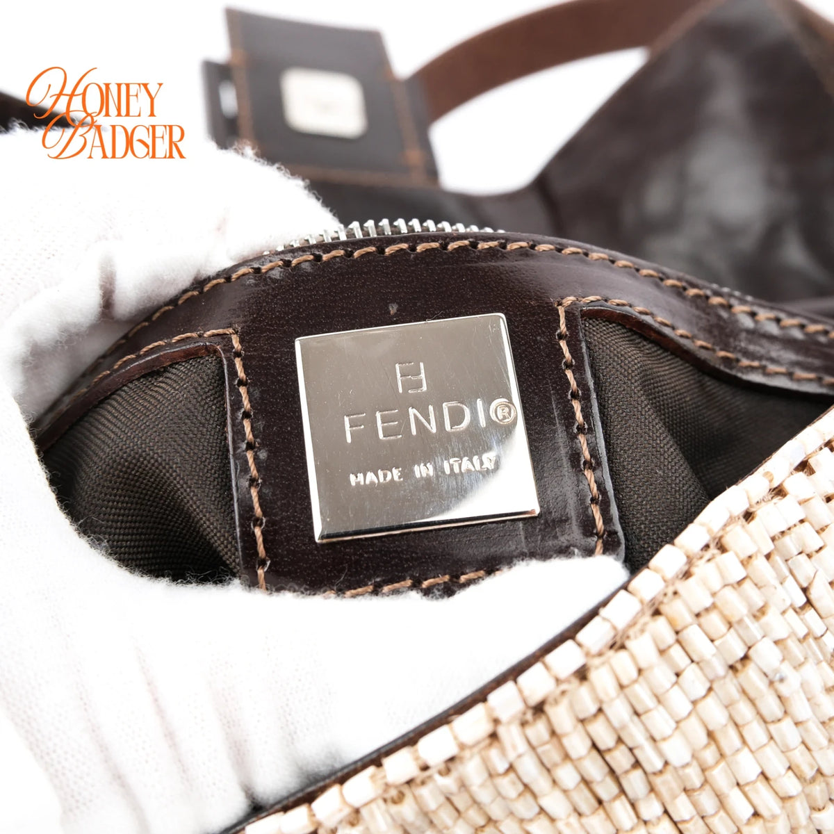 Fendi Baguette 26424 Beaded Embroidery Off-White/Dark Brown Rank B