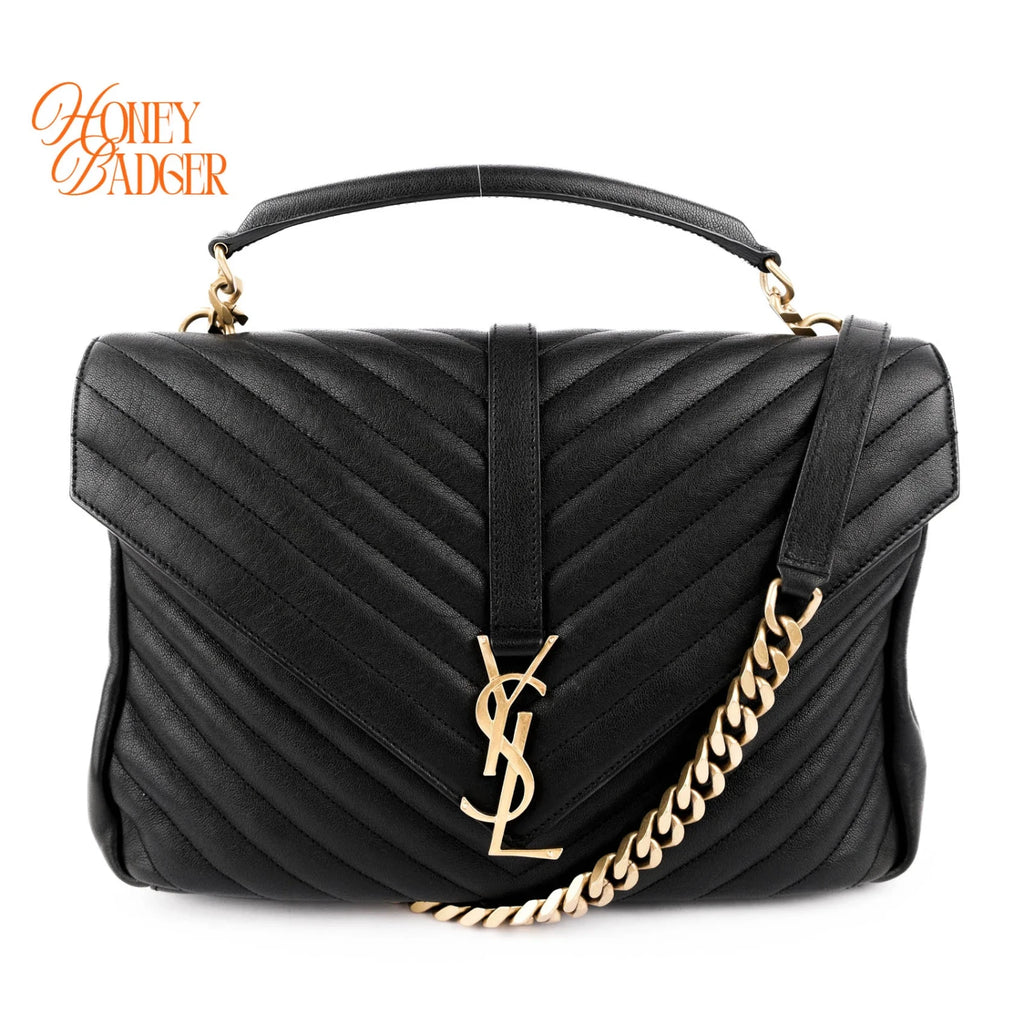 Saint Laurent College Medium Chevron Quilted Leather Black Rank A