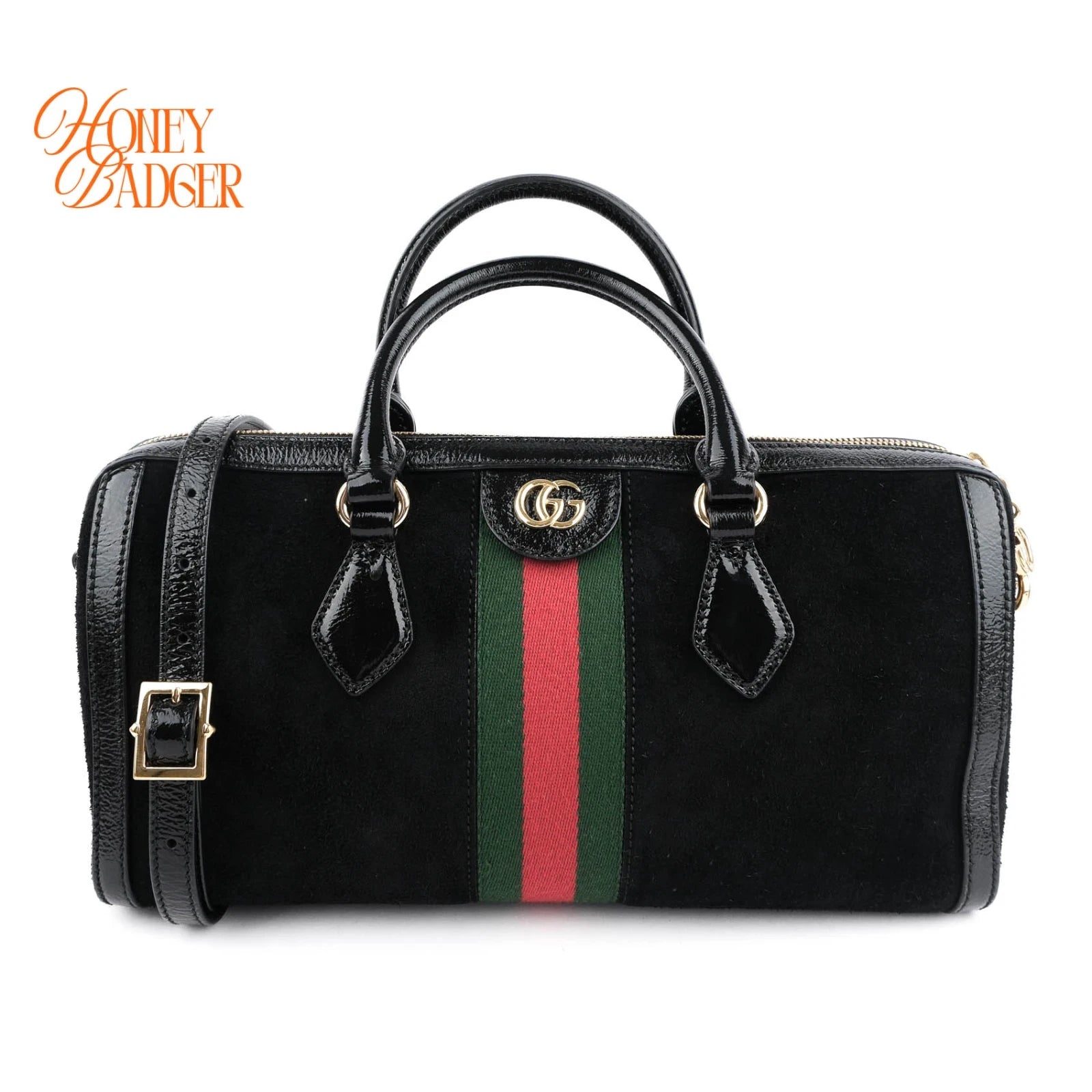 Gucci Boston Bag Large Black Suede Gold Hardware Rank A