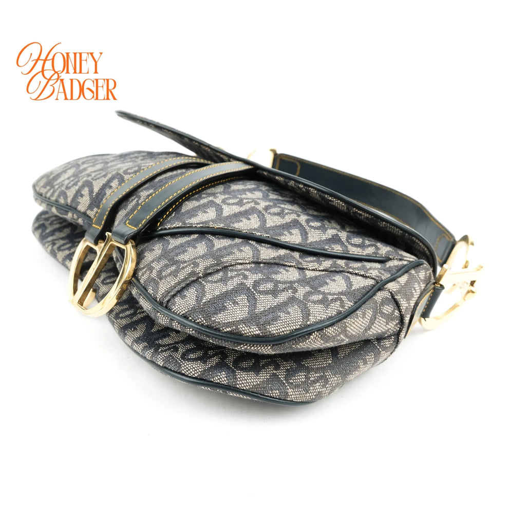Dior Vintage Double Saddle Bag Oblique Canvas Navy Gold Hardware Rank A