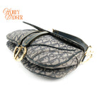 Dior Vintage Double Saddle Bag Oblique Canvas Navy Gold Hardware Rank A