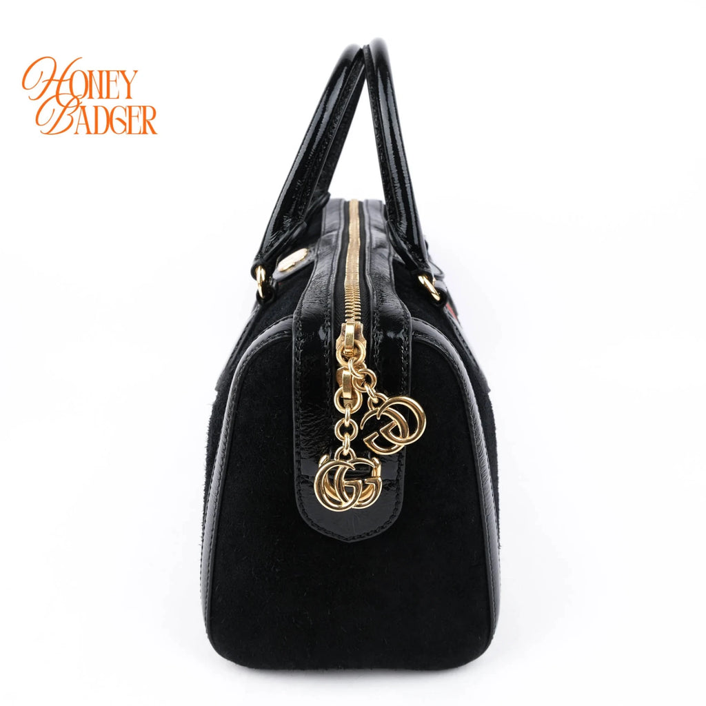 Gucci Ophidia Medium Boston Bag Suede Black Patent Leather Gold Hardware Rank A
