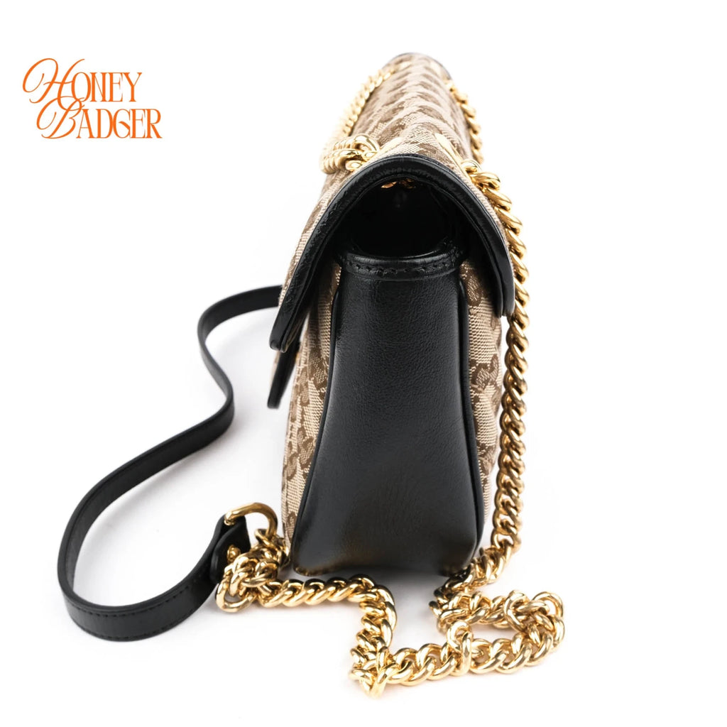 Gucci GG Marmont Small Shoulder Bag Original GG Canvas Beige/Ebony Black Leather Gold Hardware Rank A