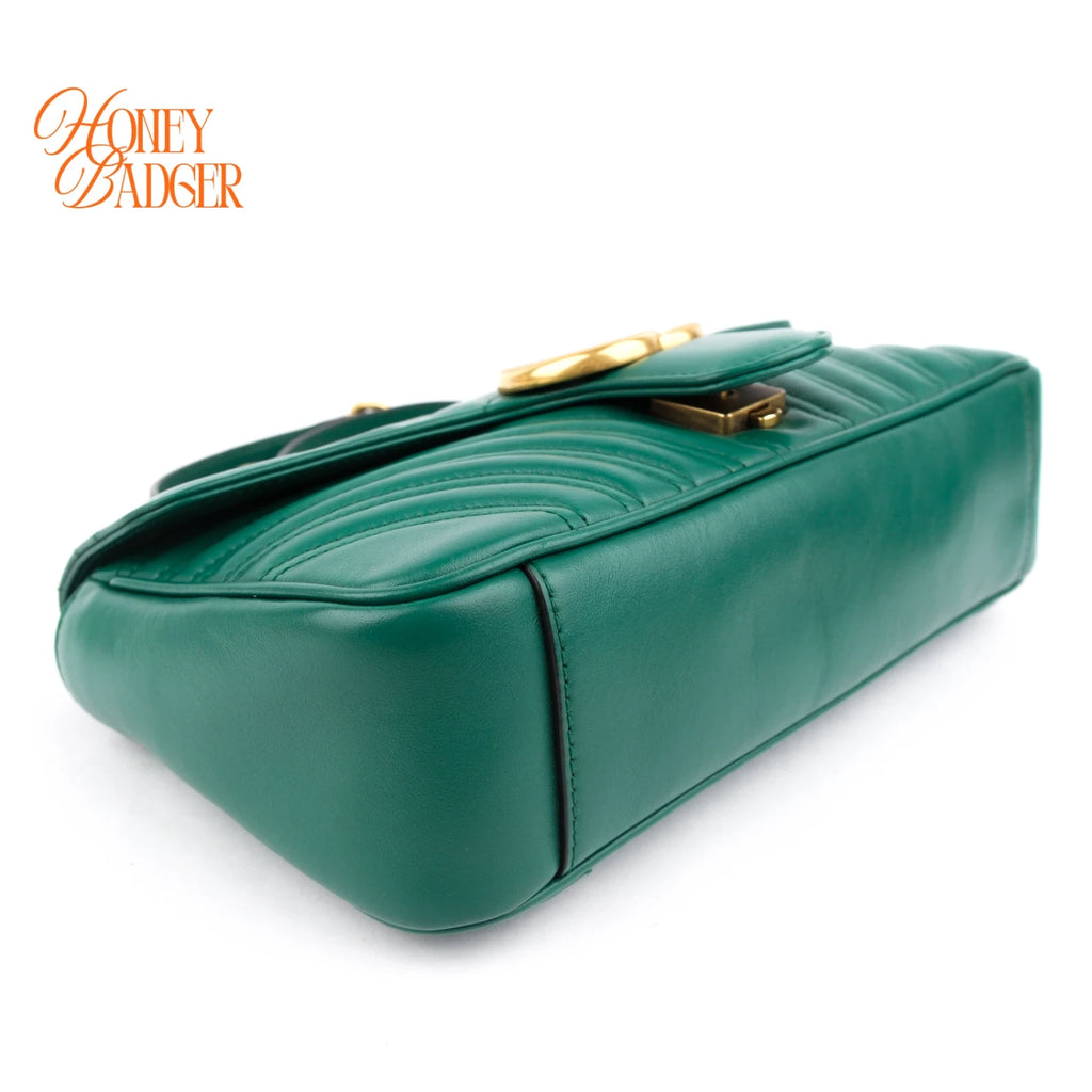 Gucci GG Marmont Small Matelassé Leather Green Antique Gold Hardware Rank A