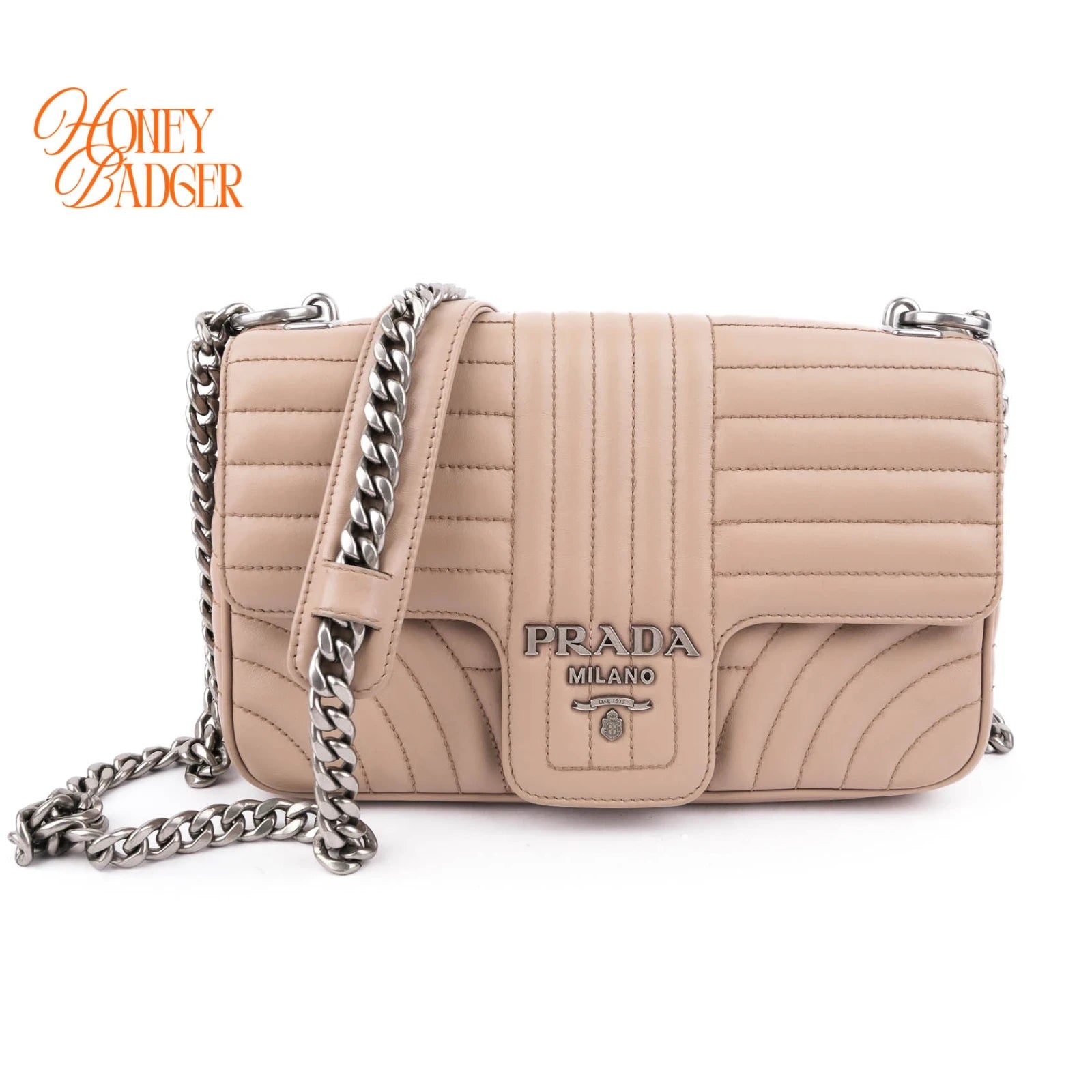 Prada Diagram Leather Shoulder Bag Pink Beige Silver Hardware Rank A