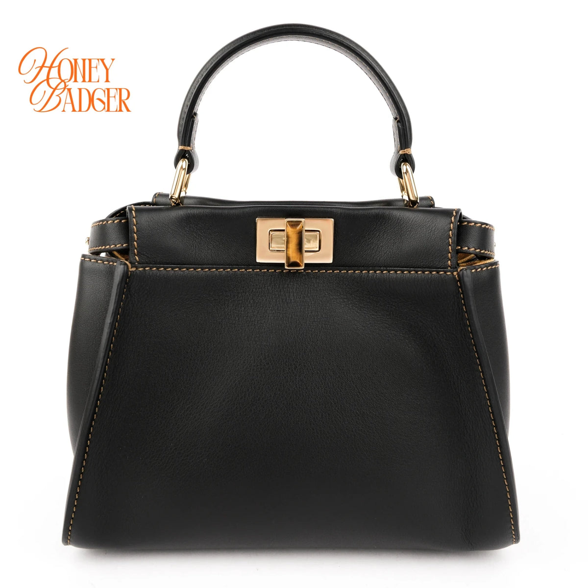 Fendi Peekaboo Iconic Mini Leather Black/Yellow Stitch Rank A