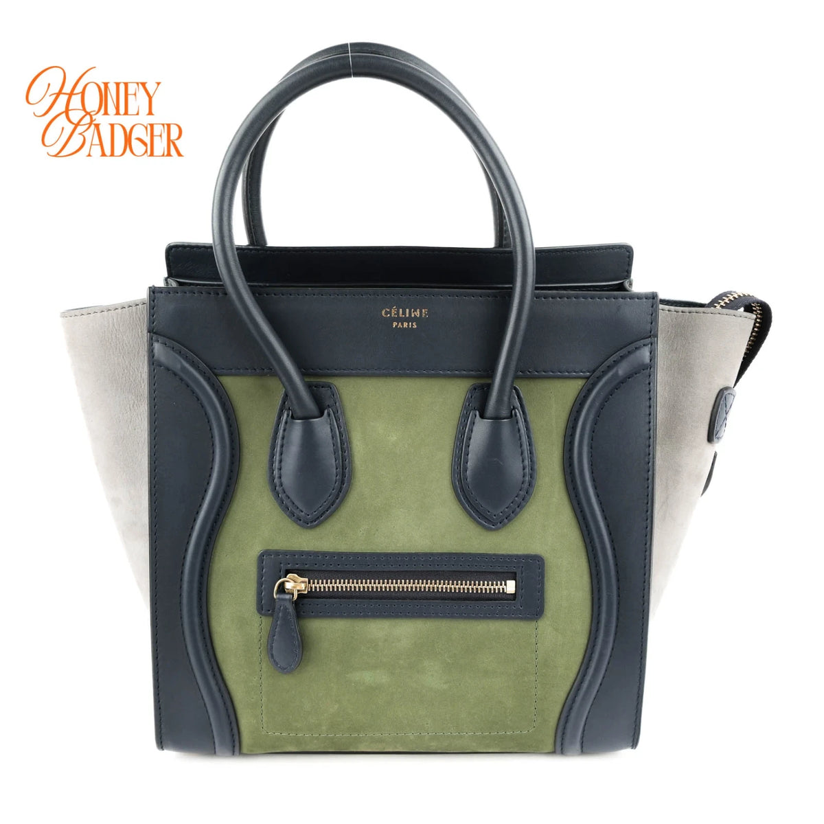 Celine Micro Luggage Tri-Color Suede & Calfskin Navy Green Grey Rank A