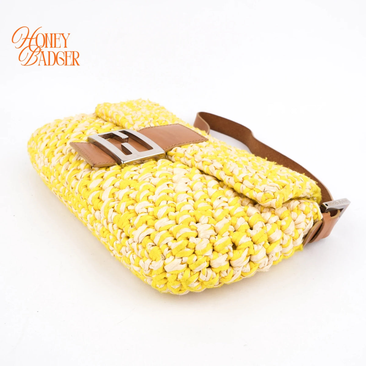 Fendi Mamma Baguette Raffia Crochet Yellow Brown Shoulder Bag Rank AB