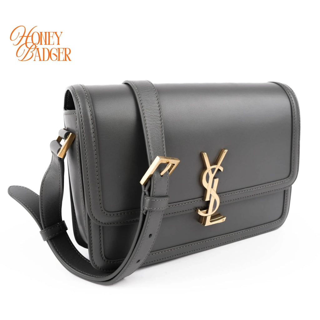 Saint Laurent Solferino Medium Satchel Bag Gray Smooth Leather Gold Hardware