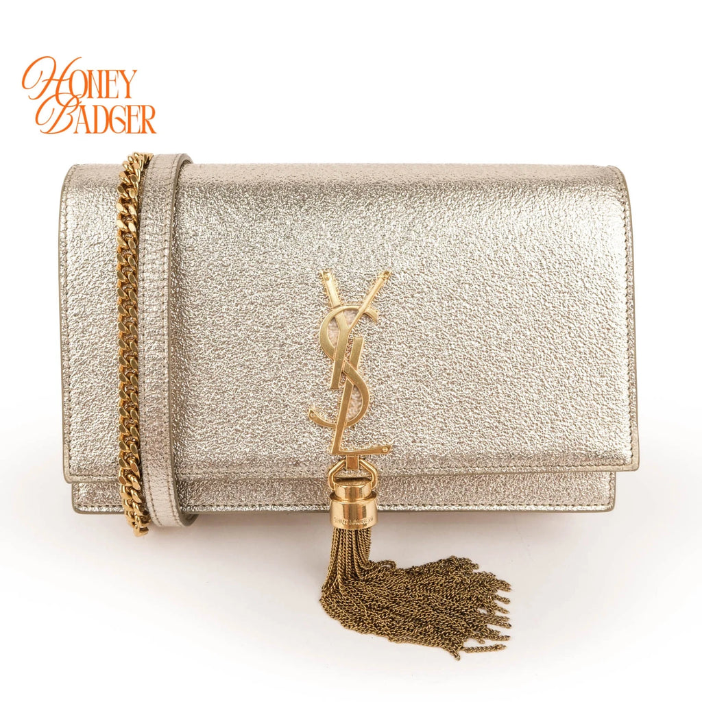 Saint Laurent Kate Small Tassel Chain Shoulder Bag Metallic Silver Leather