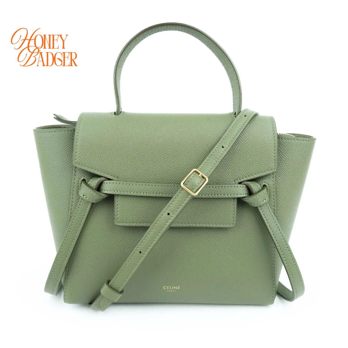 Celine Belt Bag Nano Grained Calfskin Sage Green Gold Hardware Rank A