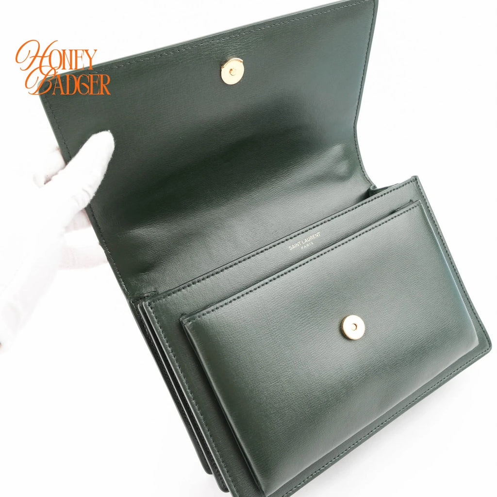 Saint Laurent Sunset Medium Calfskin Leather Dark Green Gold Hardware Rank A