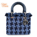 Dior Lady Dior Medium Tweed Navy Blue Silver Hardware Rank A