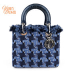 Dior Lady Dior Medium Tweed Navy Blue Silver Hardware Rank A