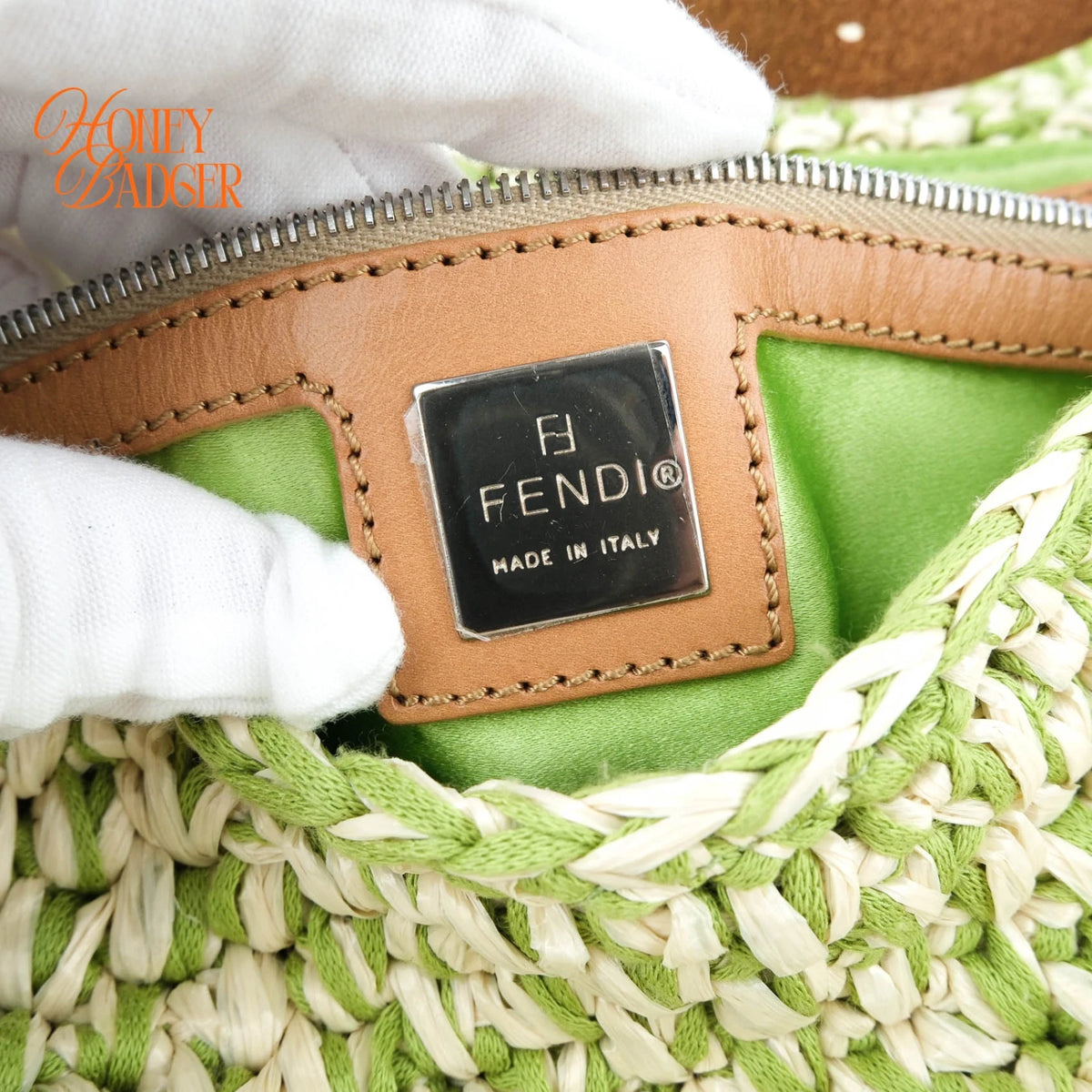 Fendi Vintage Baguette 16059 Woven Raffia Green & Natural Silver Hardware Rank A