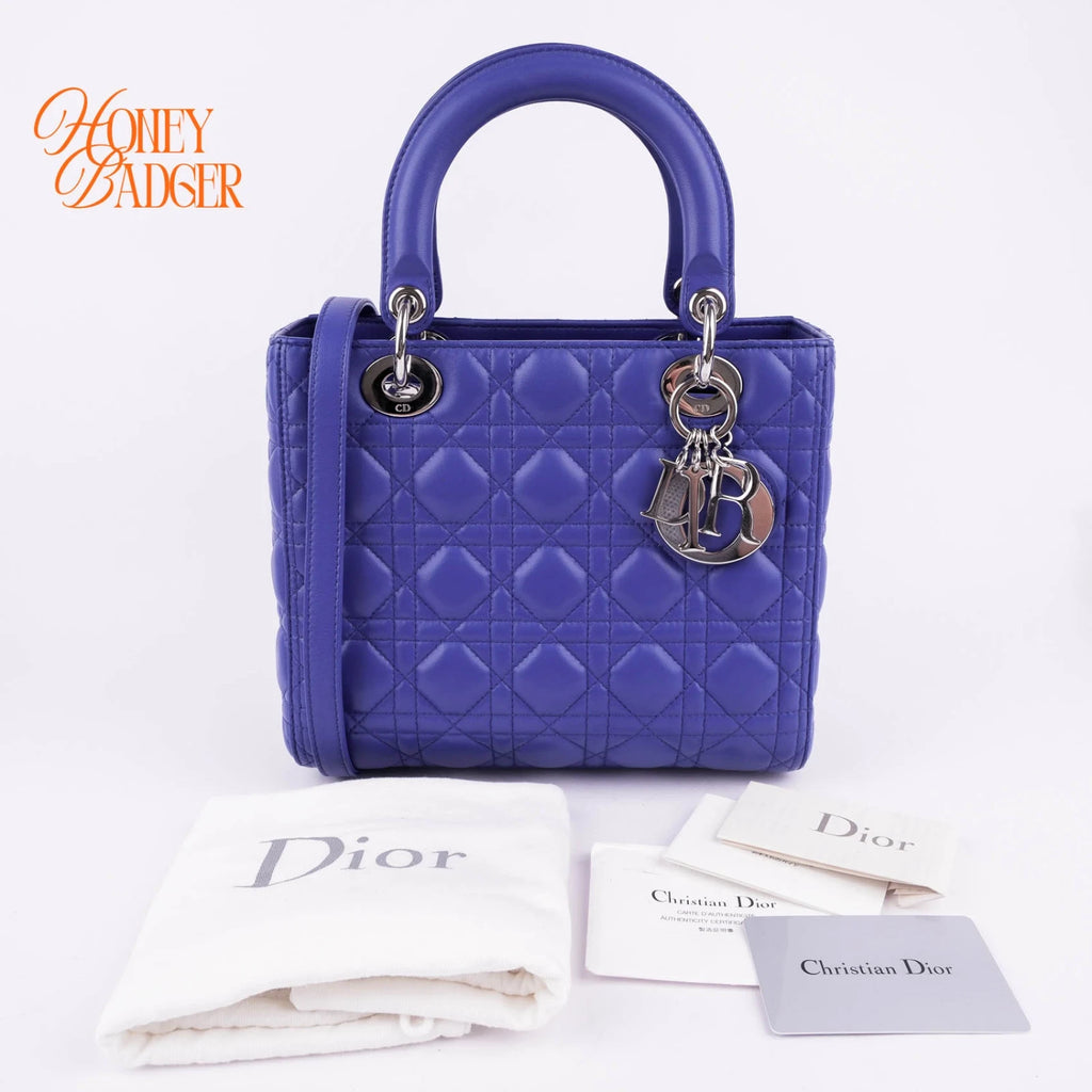 Dior Lady Dior Medium in blue lambskin, Grade A condition.